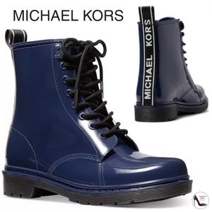 MICHAEL KORS Tavie Blue Logo Tape Lug Sole Lace-Up Rain Booties Fashion Boots 9
